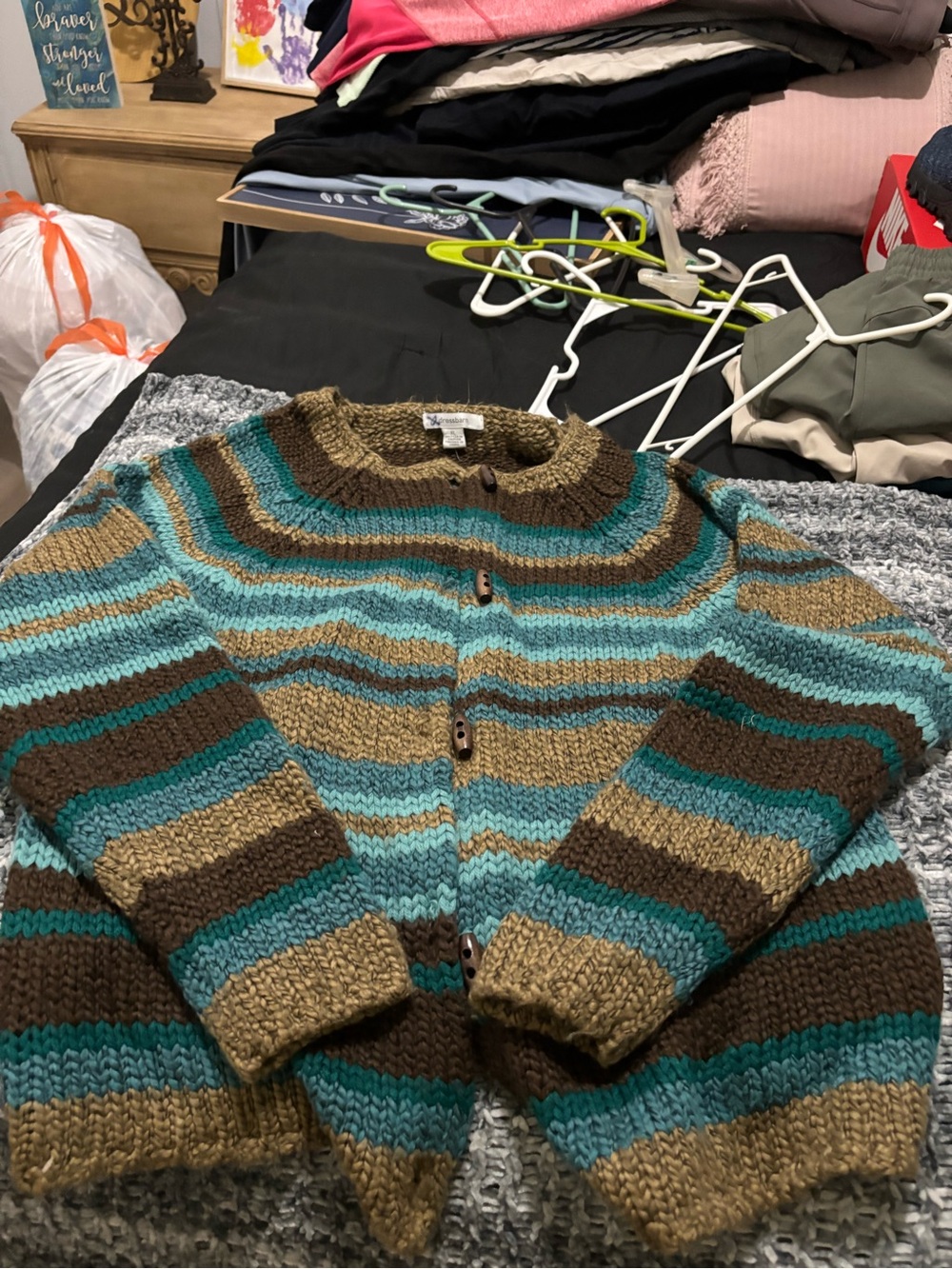 dressbarn Striped Chunky Knit Cardigan in Teal, Brown, Tan